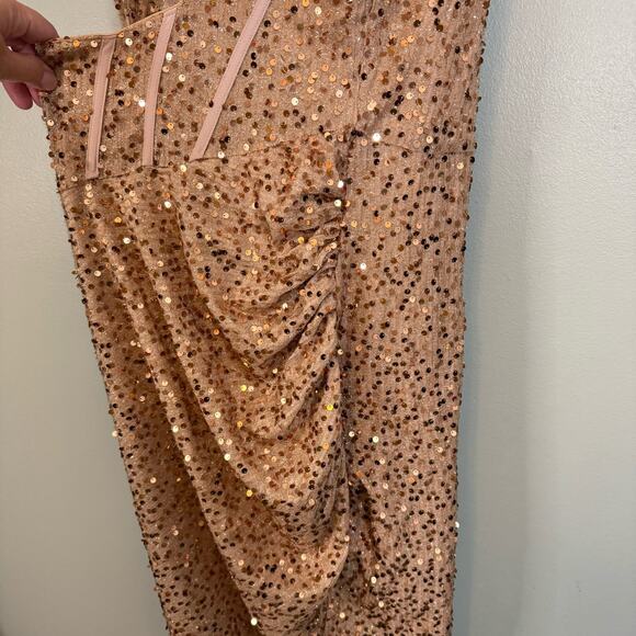 Womens Ball Gown Evening Dress 3X Plus Tan Sequins Party Cocktail Ruched Bodycon - Picture 8 of 12
